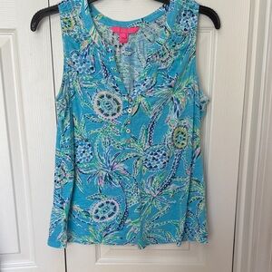 Lilly Pulitzer Turquoise Palm-Print Sleeveless Henley Tank
